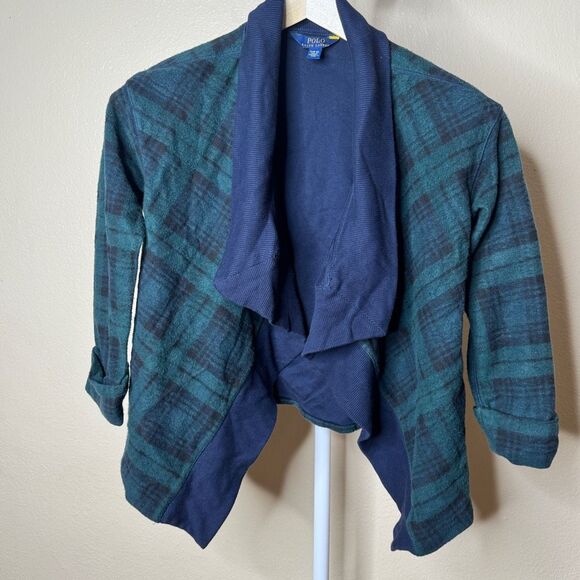 Polo Ralph Lauren Sweater Women's M Green Blue Plaid Open Front Cardigan Stretch - Picture 1 of 12